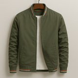 Classic Bomber Jacket  Navy Cotton Blend With Striped Ribbing - Detailed view