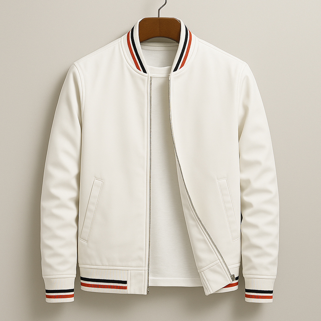 Classic Bomber Jacket  Navy Cotton Blend With Striped Ribbing - Product example