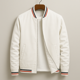 Classic Bomber Jacket  Navy Cotton Blend With Striped Ribbing - Product example