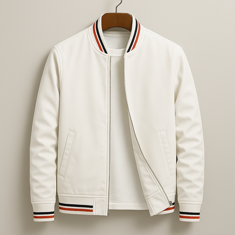 Classic Bomber Jacket  Navy Cotton Blend With Striped Ribbing - Product example