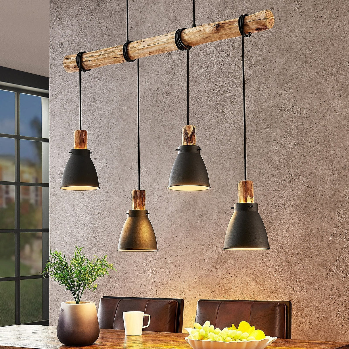 Industrial Pendant Light  Eucalyptus Wood Bar Four Shade Design - Product showcase