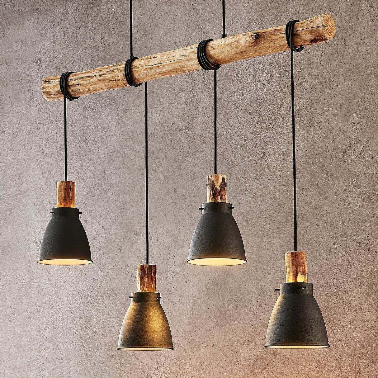 Industrial Pendant Light  Eucalyptus Wood Bar Four Shade Design - Detailed view