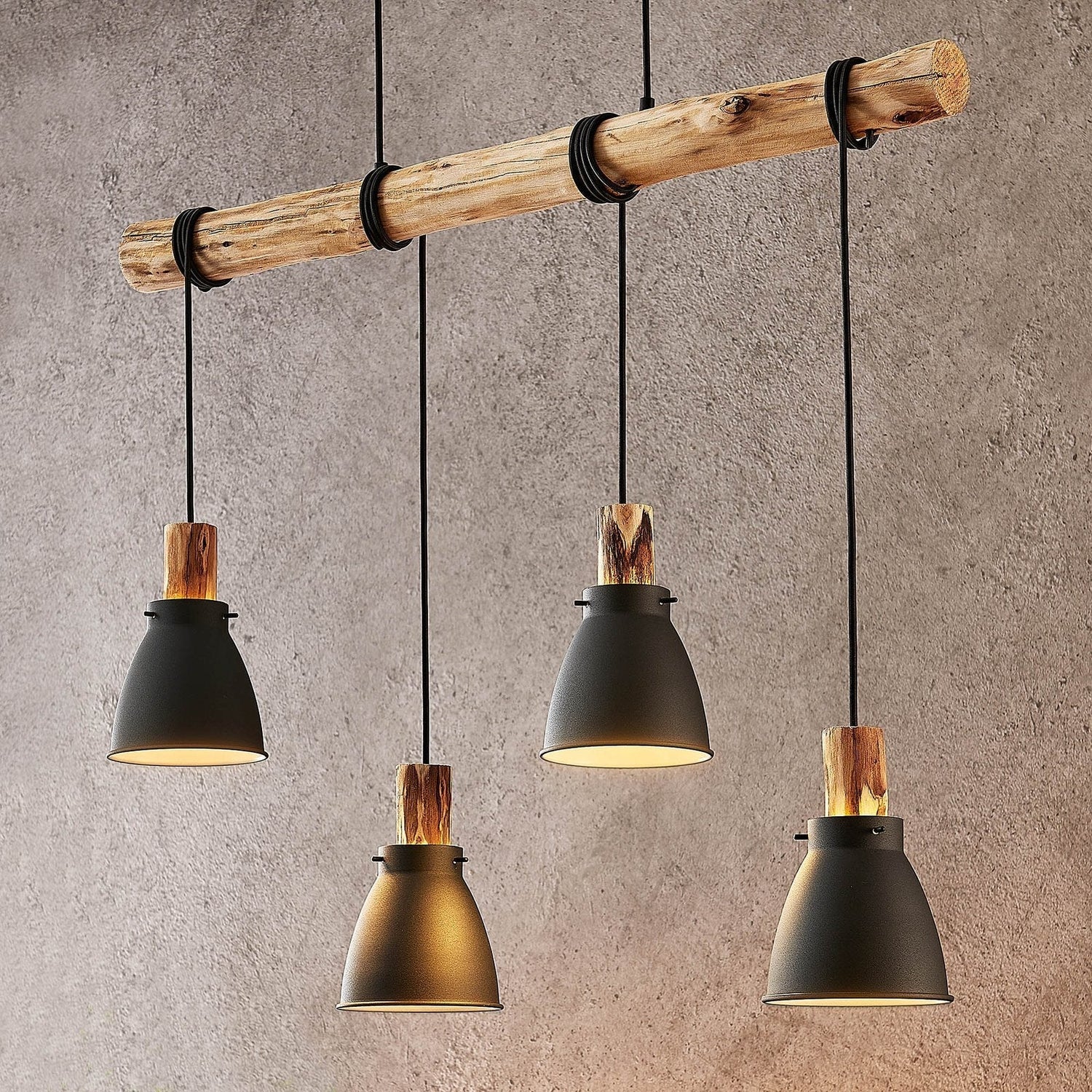 Industrial Pendant Light  Eucalyptus Wood Bar Four Shade Design - Detailed view