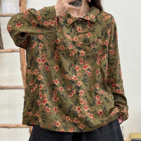 Floral Cotton Blouse  Olive Green Botanical Print - Product showcase