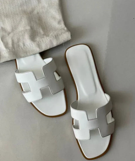 Designer Flat Sandals  White Leather H-Pattern Slides - Product showcase