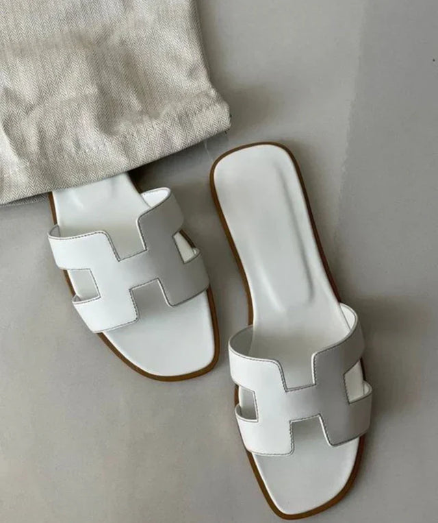 Designer Flat Sandals  White Leather H-Pattern Slides - Product showcase