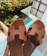 Designer Flat Sandals  White Leather H-Pattern Slides - Detailed view