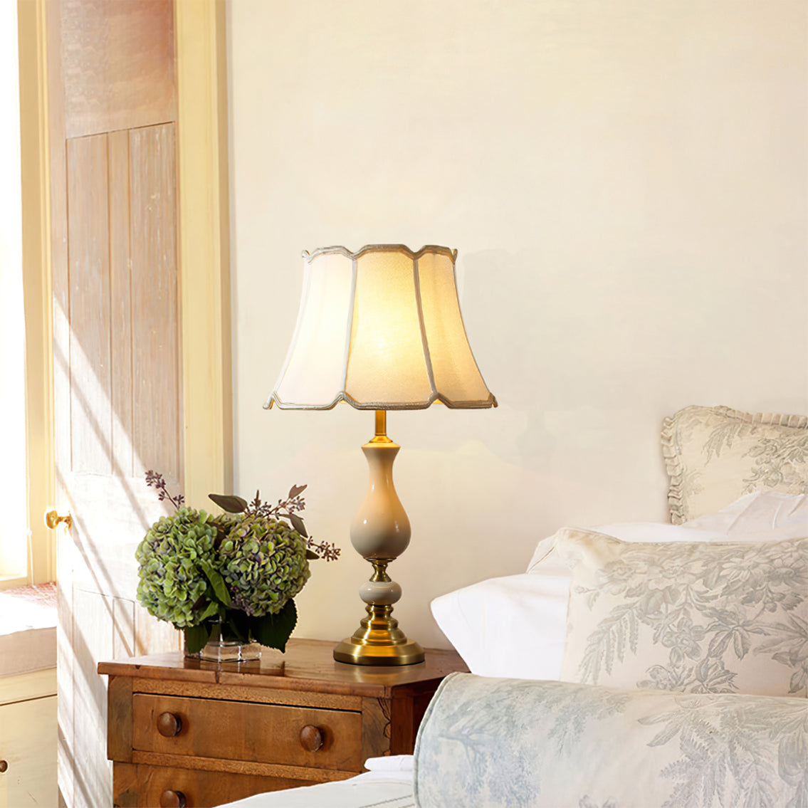 Ceramic Table Lamp  Scalloped Shade with Brass Base - Product example