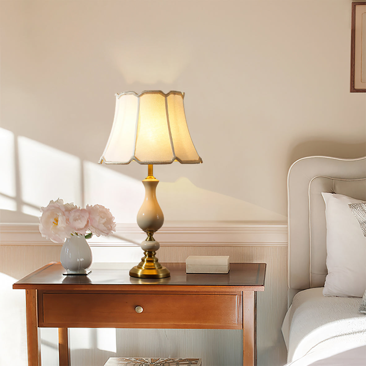 Ceramic Table Lamp  Scalloped Shade with Brass Base - Detailed view
