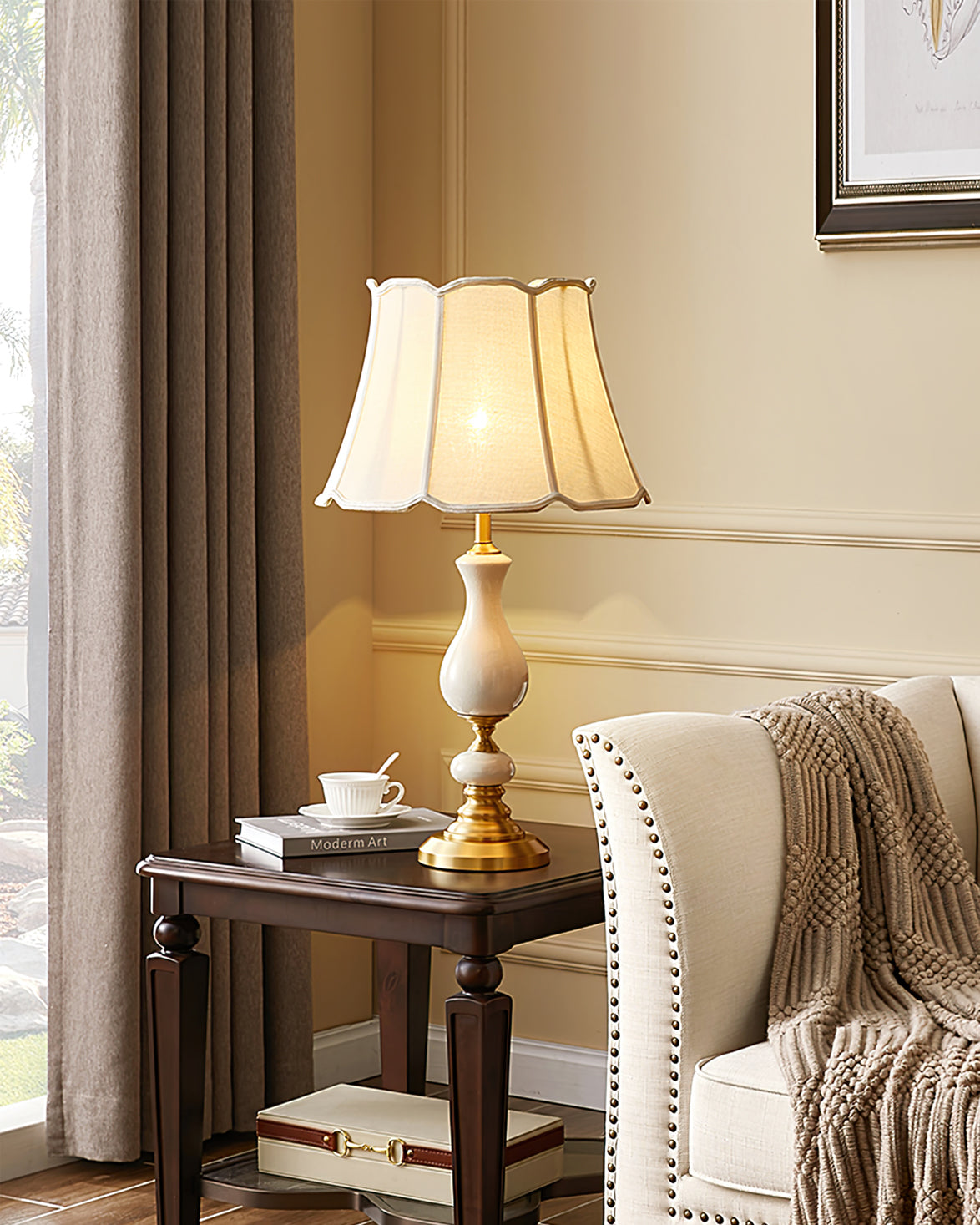 Ceramic Table Lamp  Scalloped Shade with Brass Base - Product detail 9