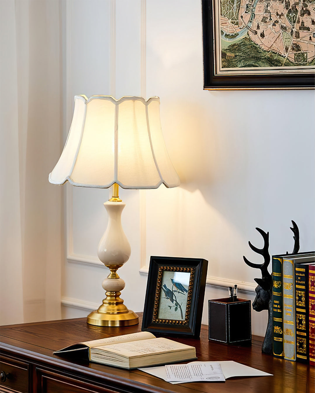Ceramic Table Lamp  Scalloped Shade with Brass Base - Product detail 6