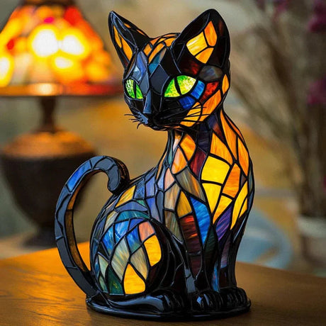 Stained Glass Cat Lamp  Handcrafted Multicolor Mosaic Design - Product showcase