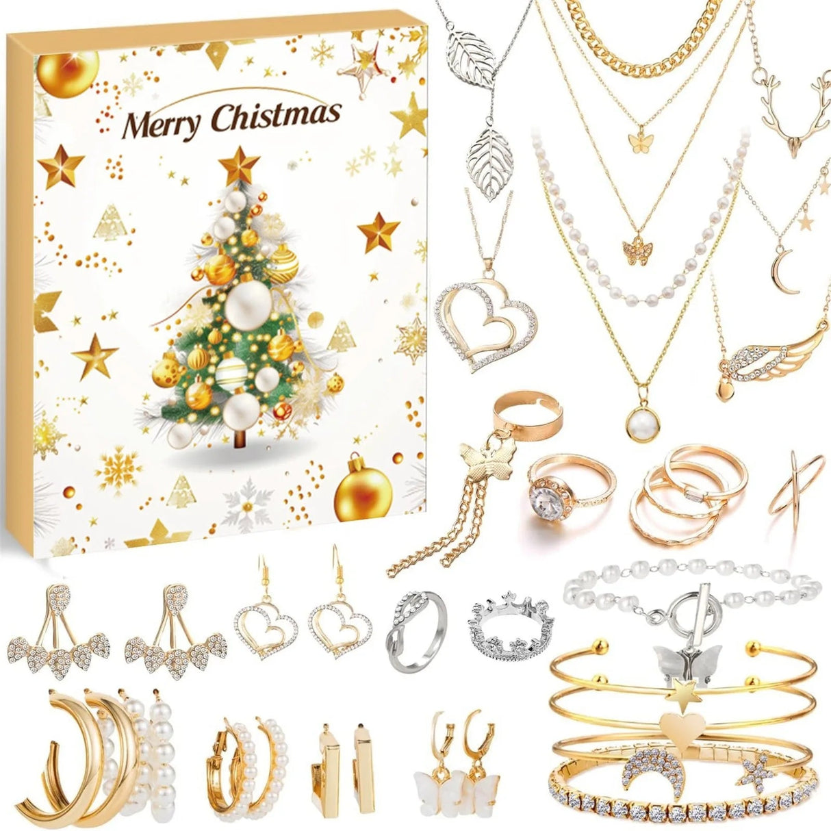 Christmas Jewelry Advent Calendar  24 Gold Pink Accessories - Detailed view