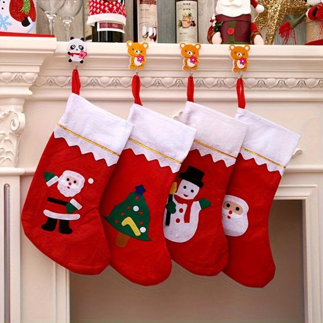 Christmas Stocking Holder Set  4 Festive Character Stockings with Cute Animal Hooks - Product showcase