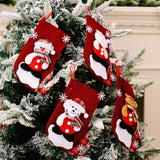Christmas Stockings Set  Red Fabric Santa Snowman Reindeer Design - Detailed view