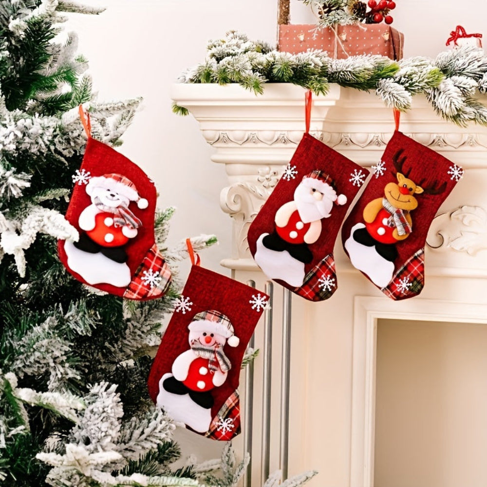 Christmas Stockings Set  Red Fabric Santa Snowman Reindeer Design - Product example