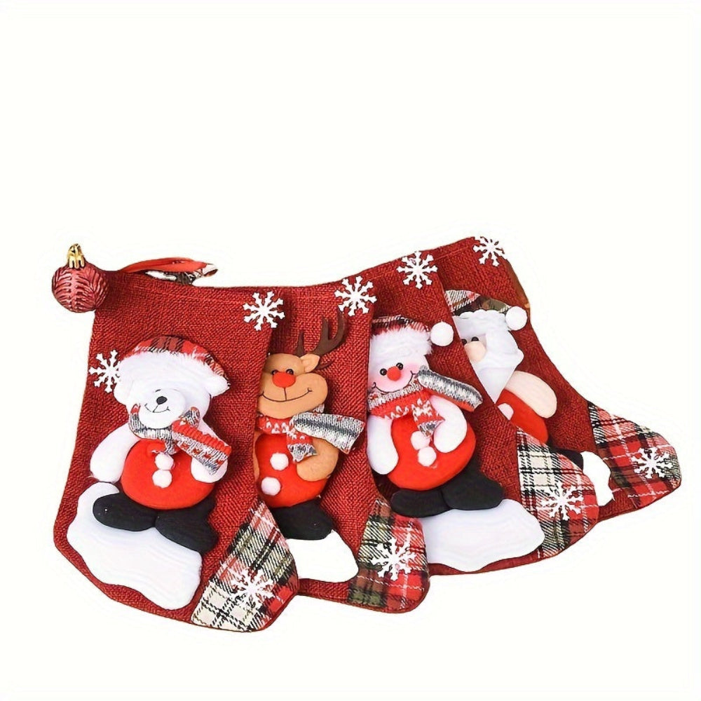 Christmas Stockings Set  Red Fabric Santa Snowman Reindeer Design - Product detail 5