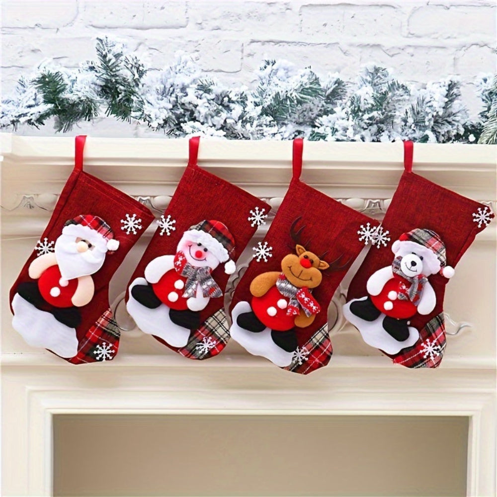 Christmas Stockings Set  Red Fabric Santa Snowman Reindeer Design - Product detail 6