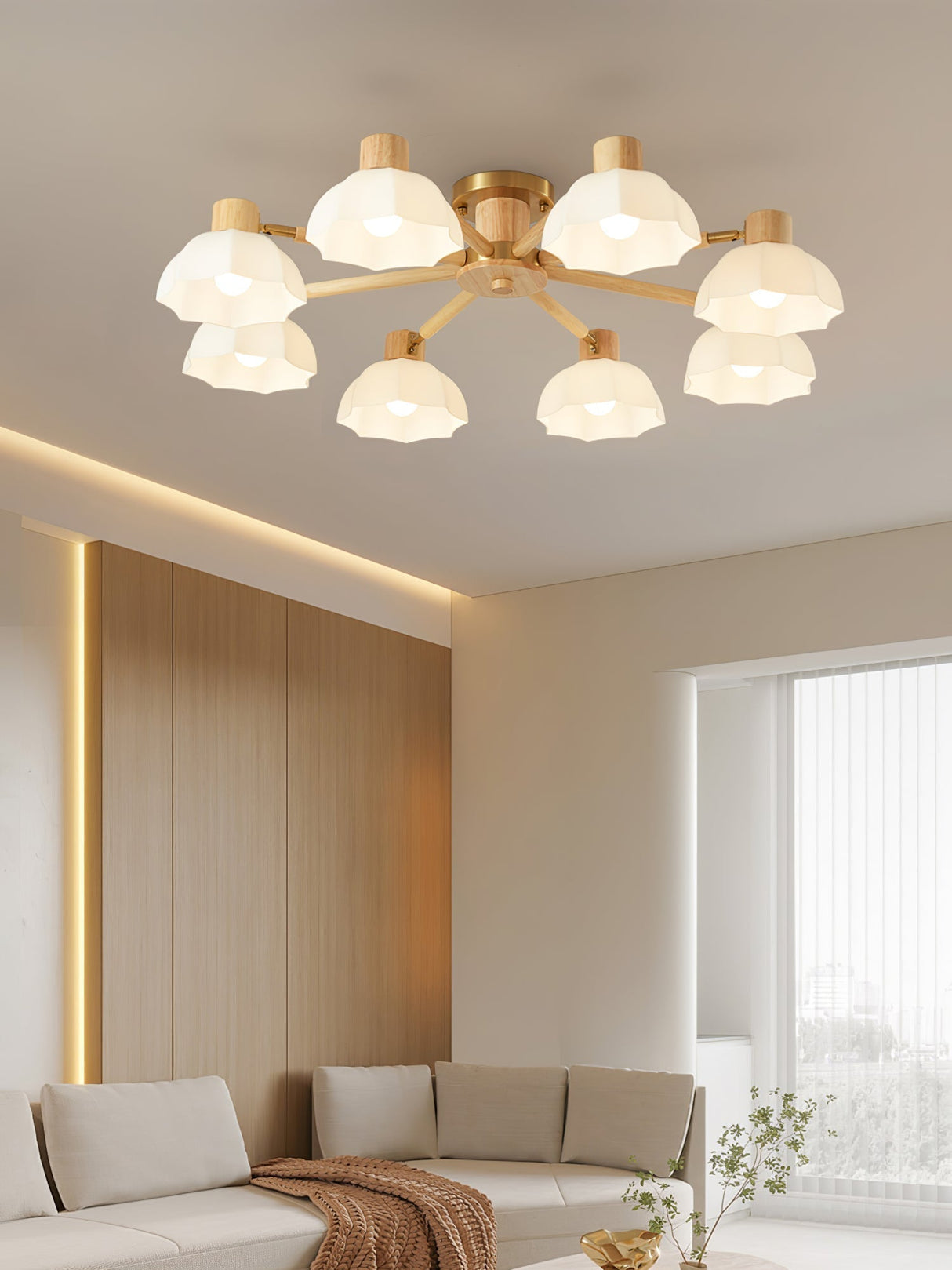 Scandinavian Ceiling Light  Wood and Glass Flower Design - Product detail 11