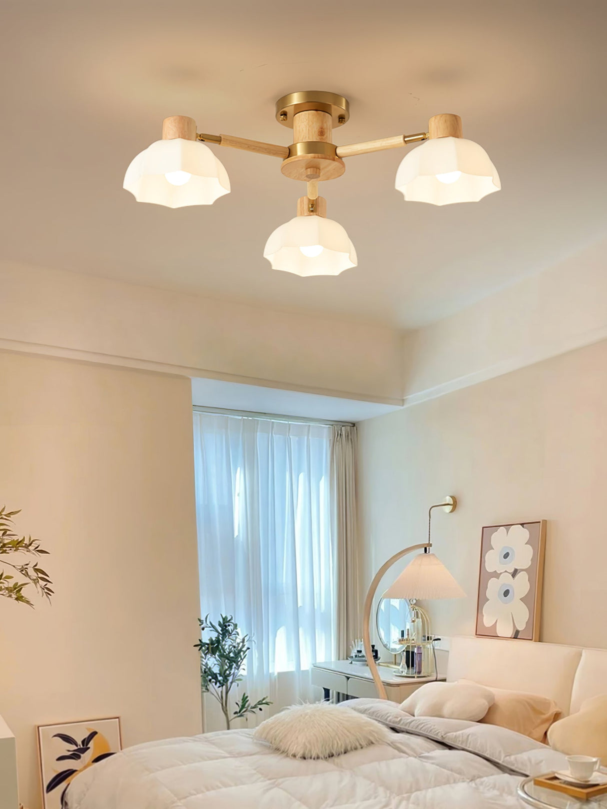 Scandinavian Ceiling Light  Wood and Glass Flower Design - Product detail 8
