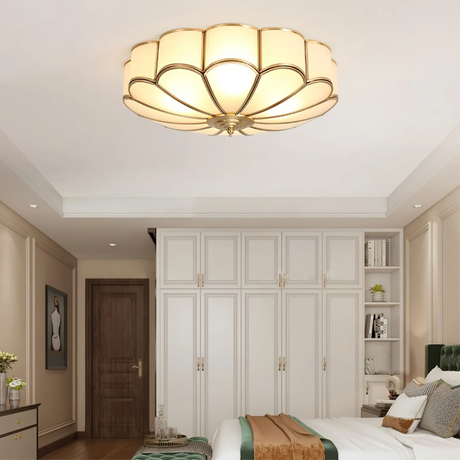 Art Deco Ceiling Light  Floral Glass Shade With Brass Trim - Product showcase