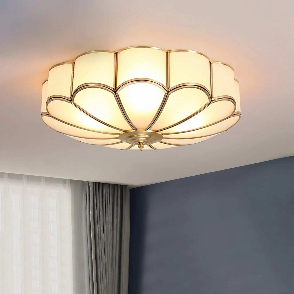 Art Deco Ceiling Light  Floral Glass Shade With Brass Trim - Detailed view