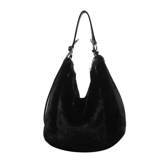 Faux Fur Hobo Bag  Black Plush Winter Design - Product showcase