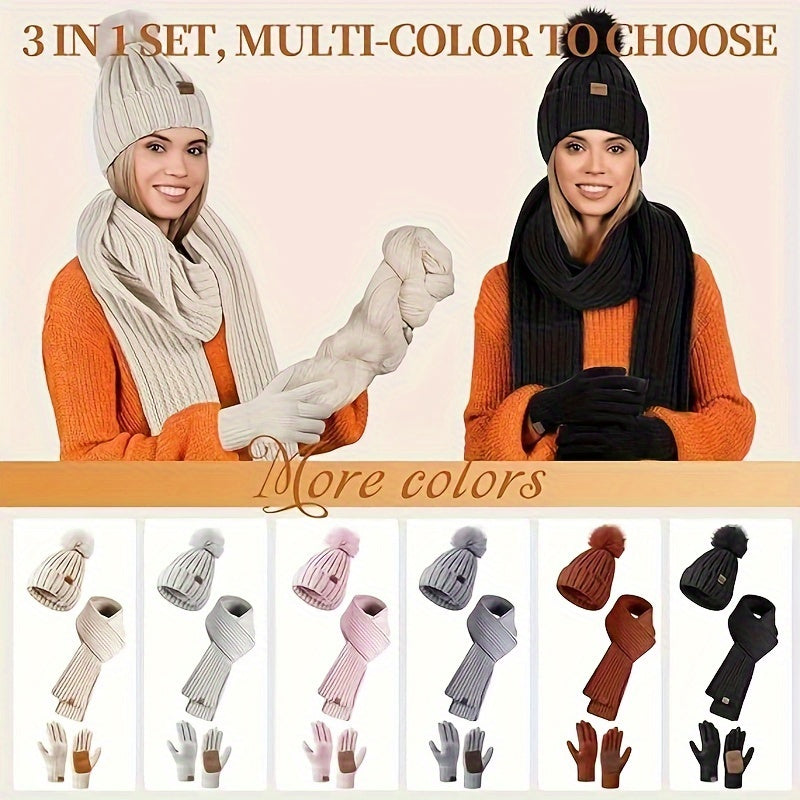 Knitted Winter Accessories Set  Hat Scarf Gloves with Touchscreen Tips - Detailed view