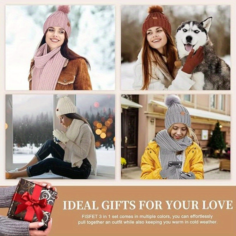 Knitted Winter Accessories Set  Hat Scarf Gloves with Touchscreen Tips - Product example