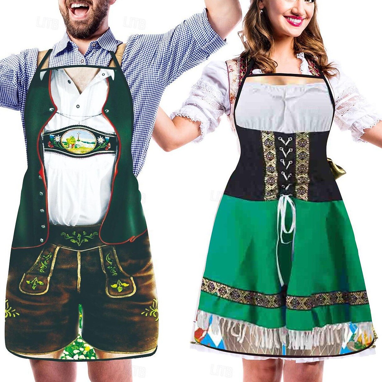 Traditional Oktoberfest Aprons  Bavarian Couple Set With Dirndl  Lederhosen Print - Product showcase