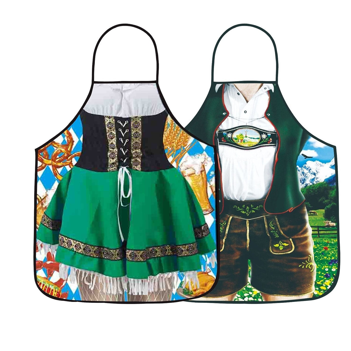 Traditional Oktoberfest Aprons  Bavarian Couple Set With Dirndl  Lederhosen Print - Product example