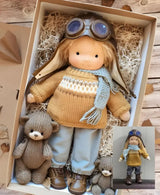 Waldorf Plush Doll  Soft Cotton Aviator Design with Bear Friends - Product showcase