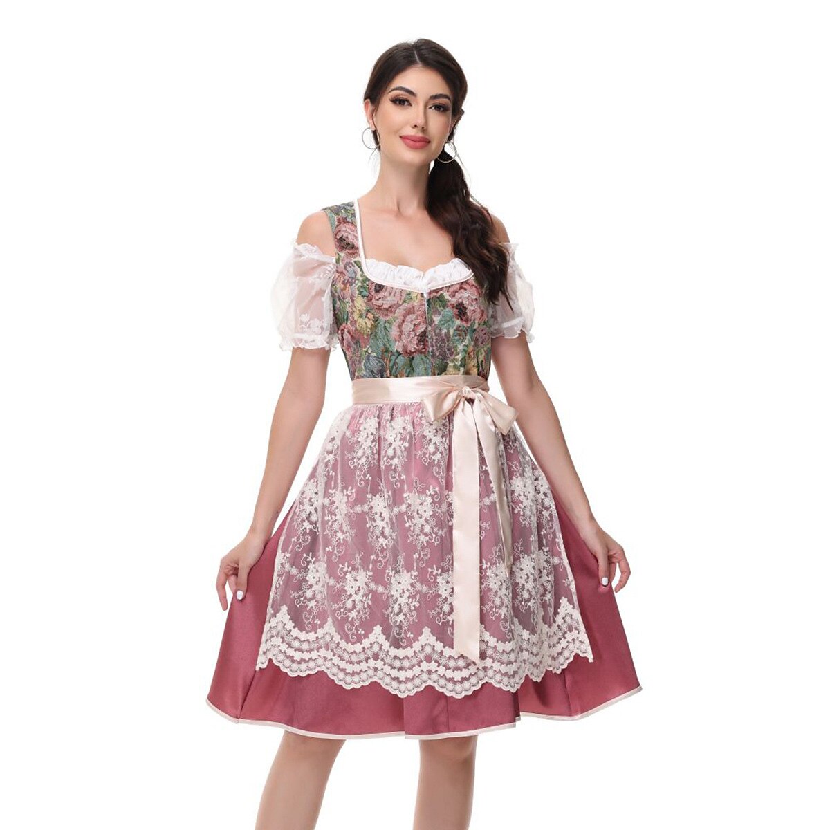 Traditional Dirndl Dress  Floral Bodice With Lace Apron - Detailed view