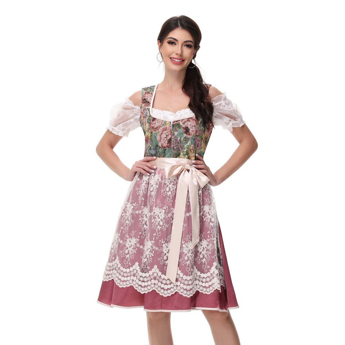 Traditional Dirndl Dress  Floral Bodice With Lace Apron - Product example