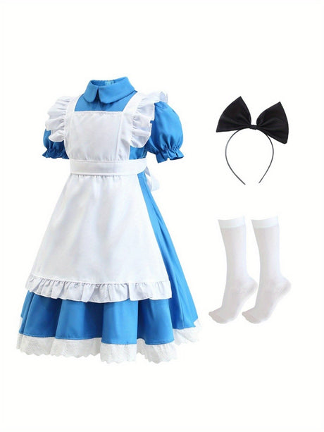 Classic Storybook Dress Set  Blue Puff Sleeve with White Apron - Product showcase