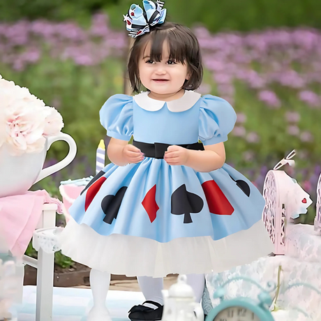 Storybook Costume Dress  Card Suit Print With Puff Sleeves - Product showcase