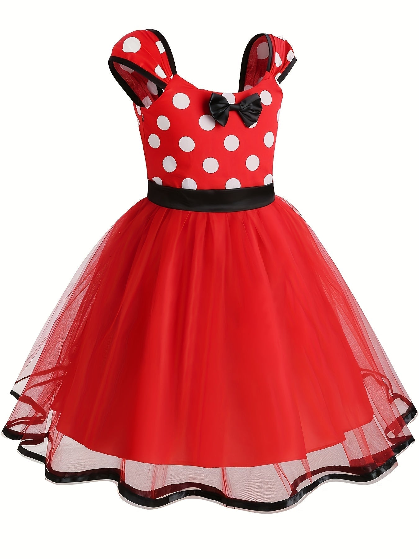 Girls Polka Dot Tulle Dress  Classic Red With Black Bow - Detailed view