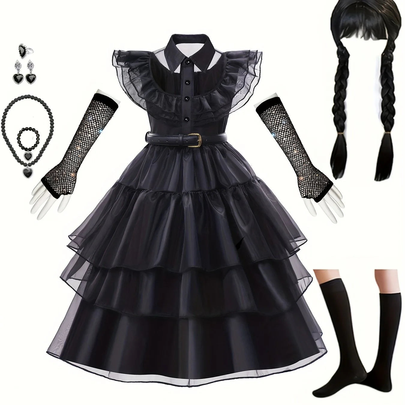 Gothic Tiered Dress  Black Ruffled Costume With Accessories - Product showcase