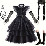 Gothic Tiered Dress  Black Ruffled Costume With Accessories - Product showcase