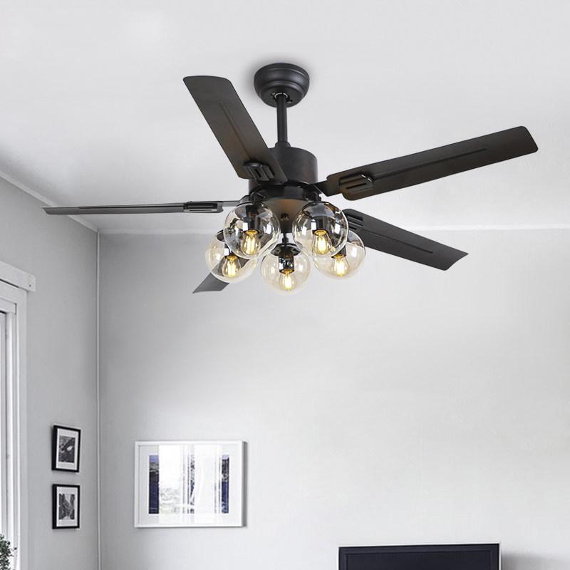 Modern Glass Ceiling Fan  Black Metal Frame With Clear Shades - Detailed view