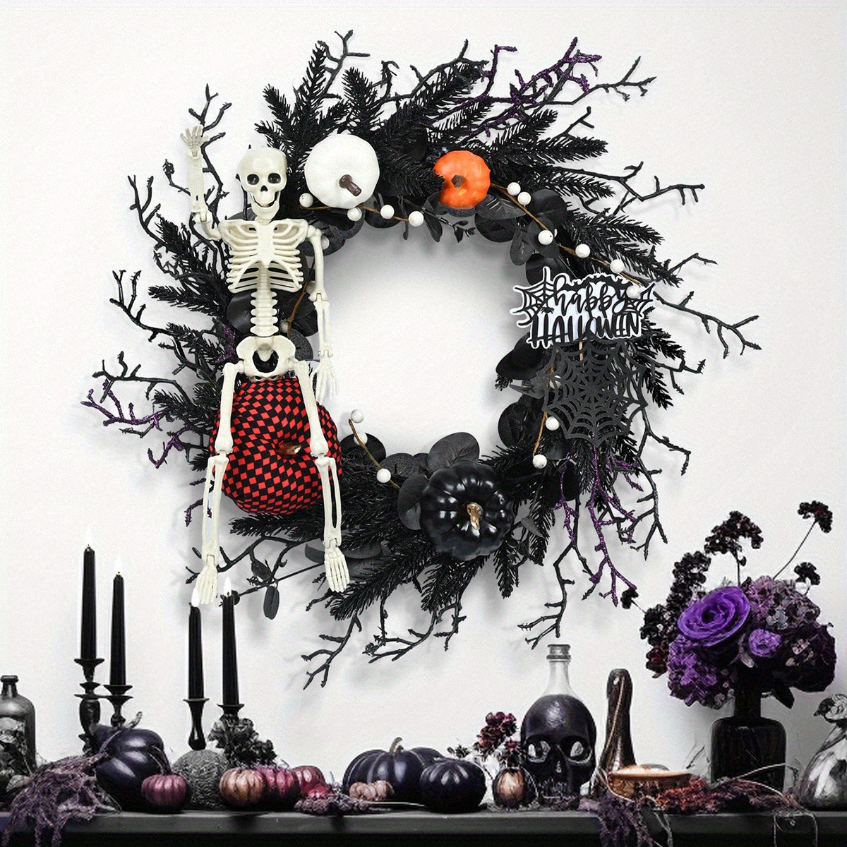 Gothic Halloween Wreath  Skeleton Pumpkin Door Decor - Product showcase