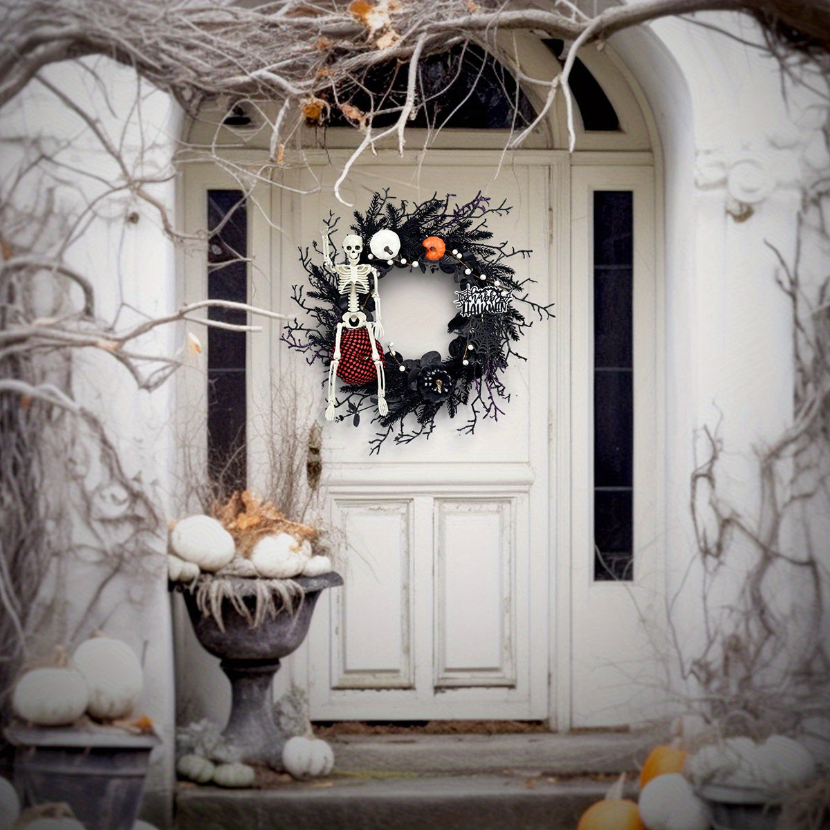 Gothic Halloween Wreath  Skeleton Pumpkin Door Decor - Product example
