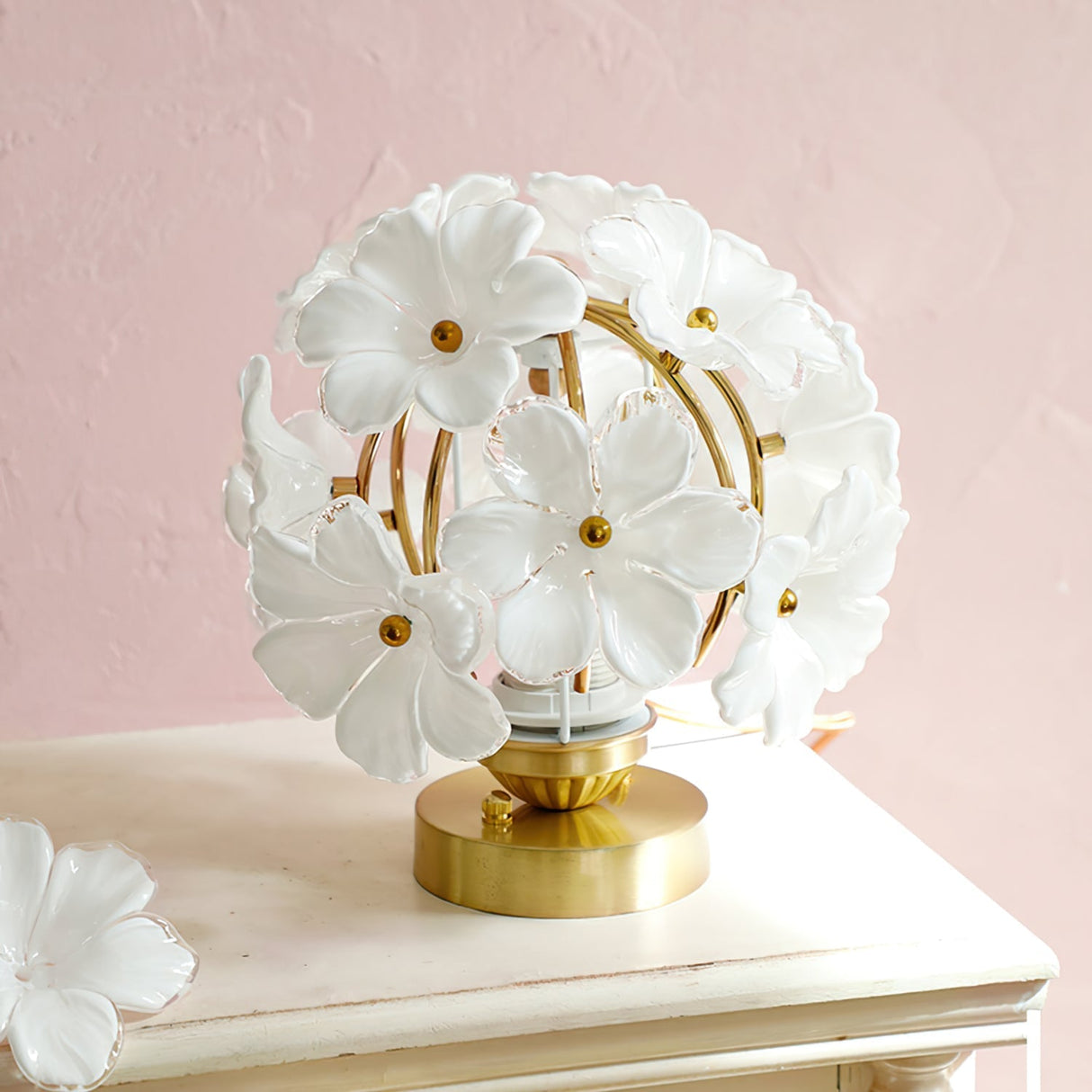 Floral Table Lamp  White Glass Petals with Gold Accents - Detailed view