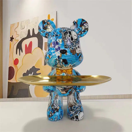 Urban Art Bear Sculpture  Graffiti Design With Gold Tray - Product showcase