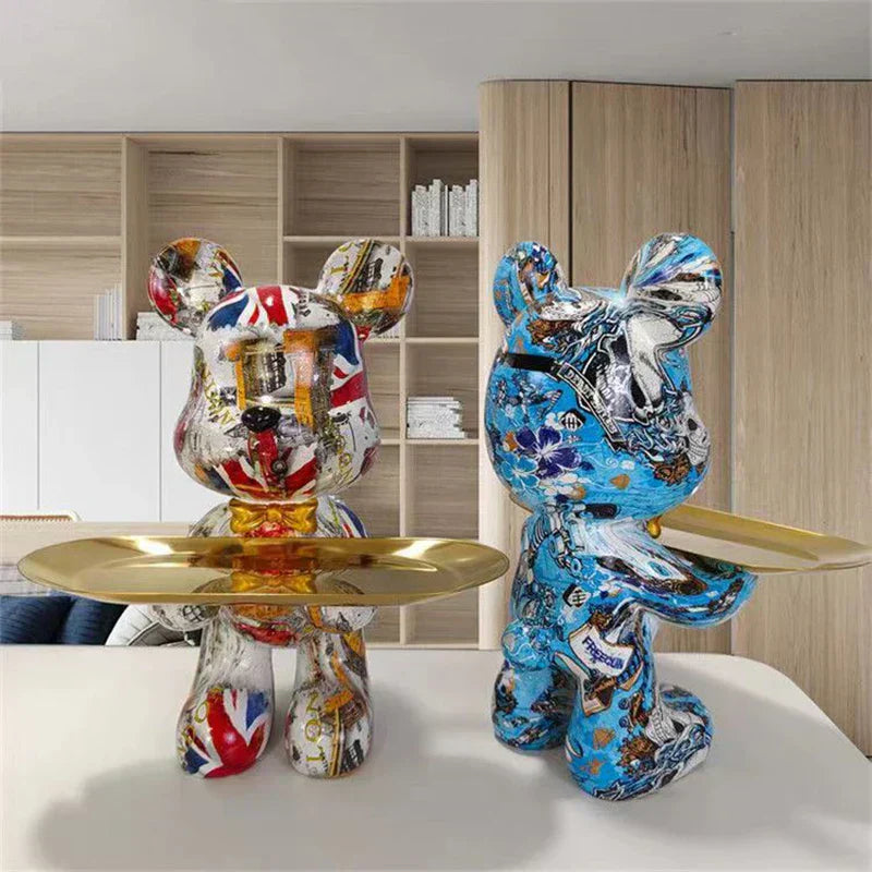 Urban Art Bear Sculpture  Graffiti Design With Gold Tray - Detailed view