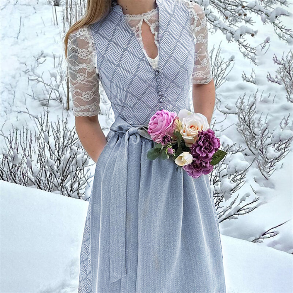 Traditional Dirndl Dress  Gray Lace Detail with Apron - Product showcase