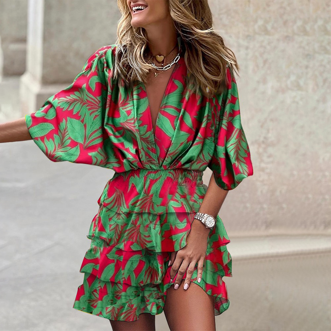 Tropical Print Mini Dress  Black and Beige Palm Leaf Pattern - Product detail 10