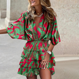 Tropical Print Mini Dress  Black and Beige Palm Leaf Pattern - Product detail 10