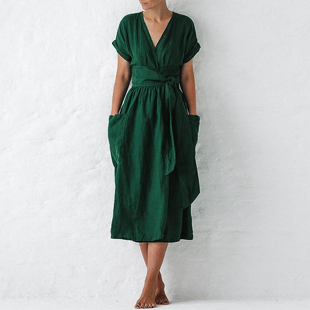 Linen Summer Midi Dress  V-Neck Empire Waist Design - Product detail 4