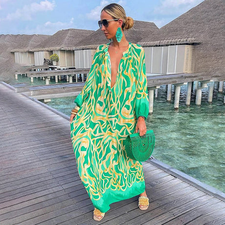 Boho Summer Maxi Dress  Green Abstract Print Design - Product showcase